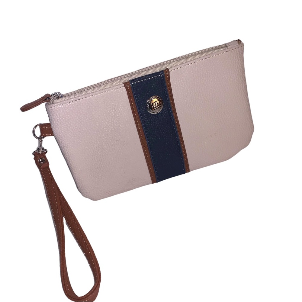 NEW Stone Mountain USA 💯% Leather Navy Cream Neutral Clutch Wristlet Purse Bag